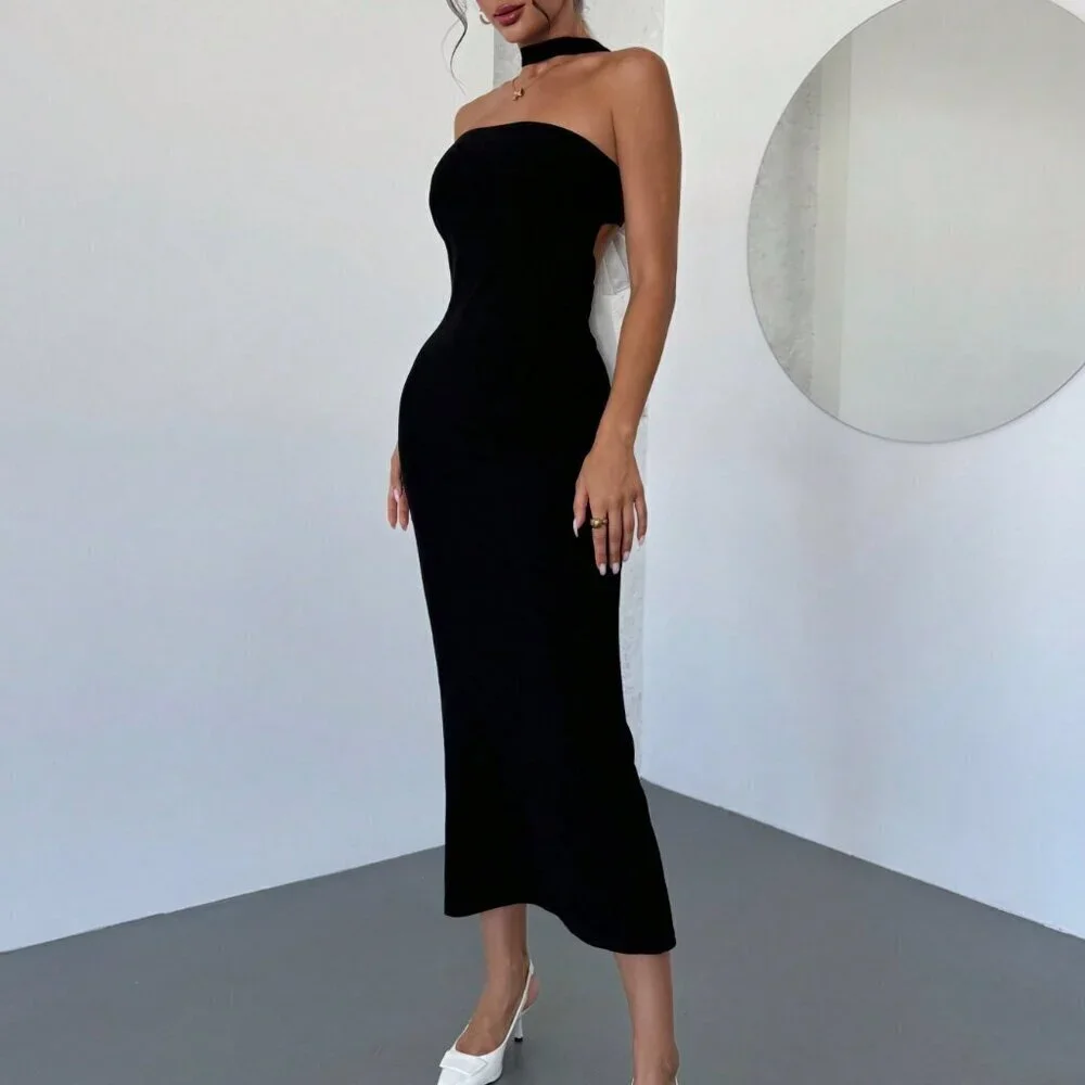 Black And White Elegant Women's Romantic Backless Contrast Bow Tie Dress - Picture 4 of 6